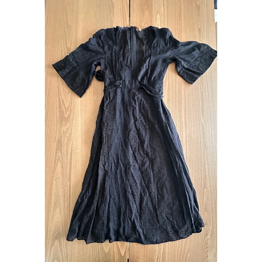 Anthropologie MINT by Jodi Arnold Black Eyelet Midi Dress Floral Embroidery Boho